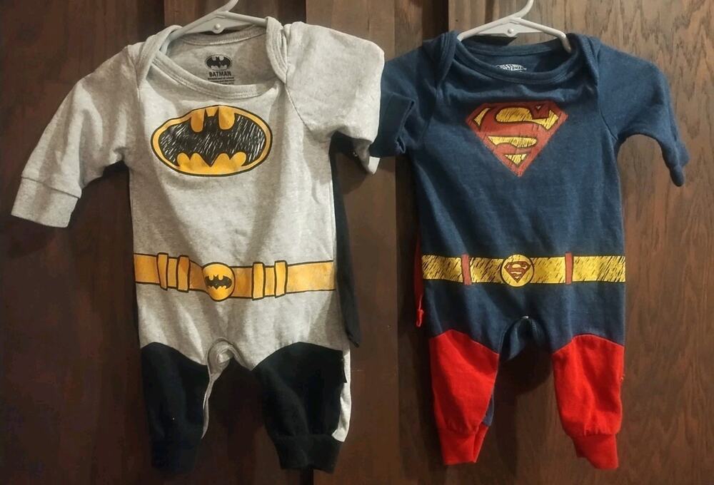 Batman Superman Halloween Newborn Costume One Piece PJs Removable Cape Lot of 2